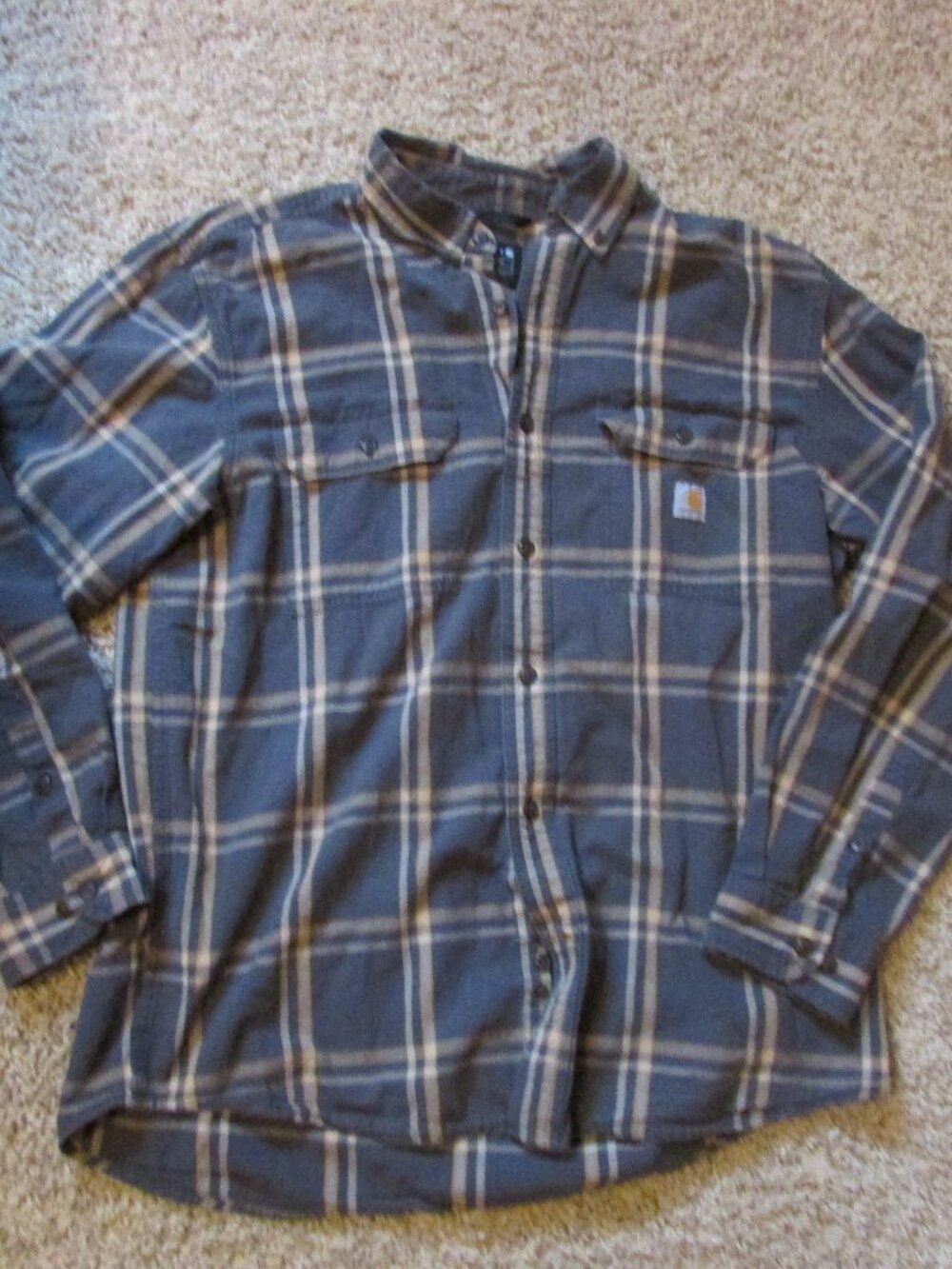 Carhartt Loose Fit Large Gray Yellow Plaid Button-Front Long Sleeve Shirt Pocket